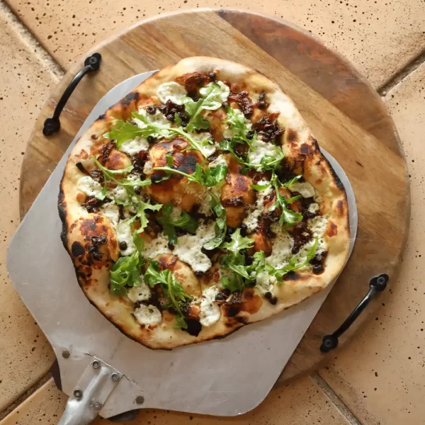 Caramelized Muntries Pizza with Goats Cheese, Onion and Pepperleaf Oil - from Australia's Creative Native Cuisine cookbook