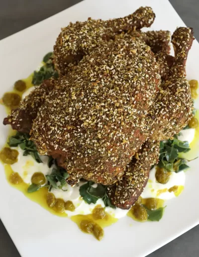 Whole Roast Saltbush Dukkah Chicken with Preserved Desert Lime Yoghurt- as seen in Australia's Creative Native Cuisine cookbook