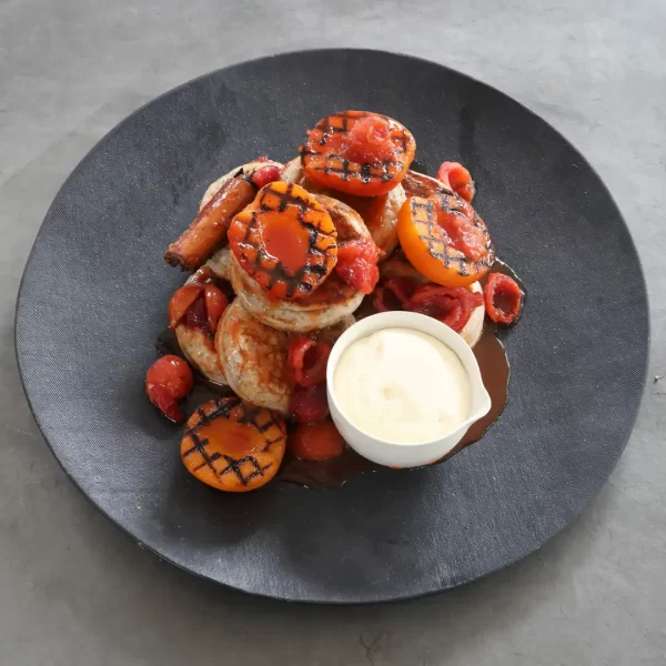 Crumpets with Cinnamon & Anise Myrtle, Apricots and Quandongs - as seen in Australia's Creative Native Cuisine Cookbook